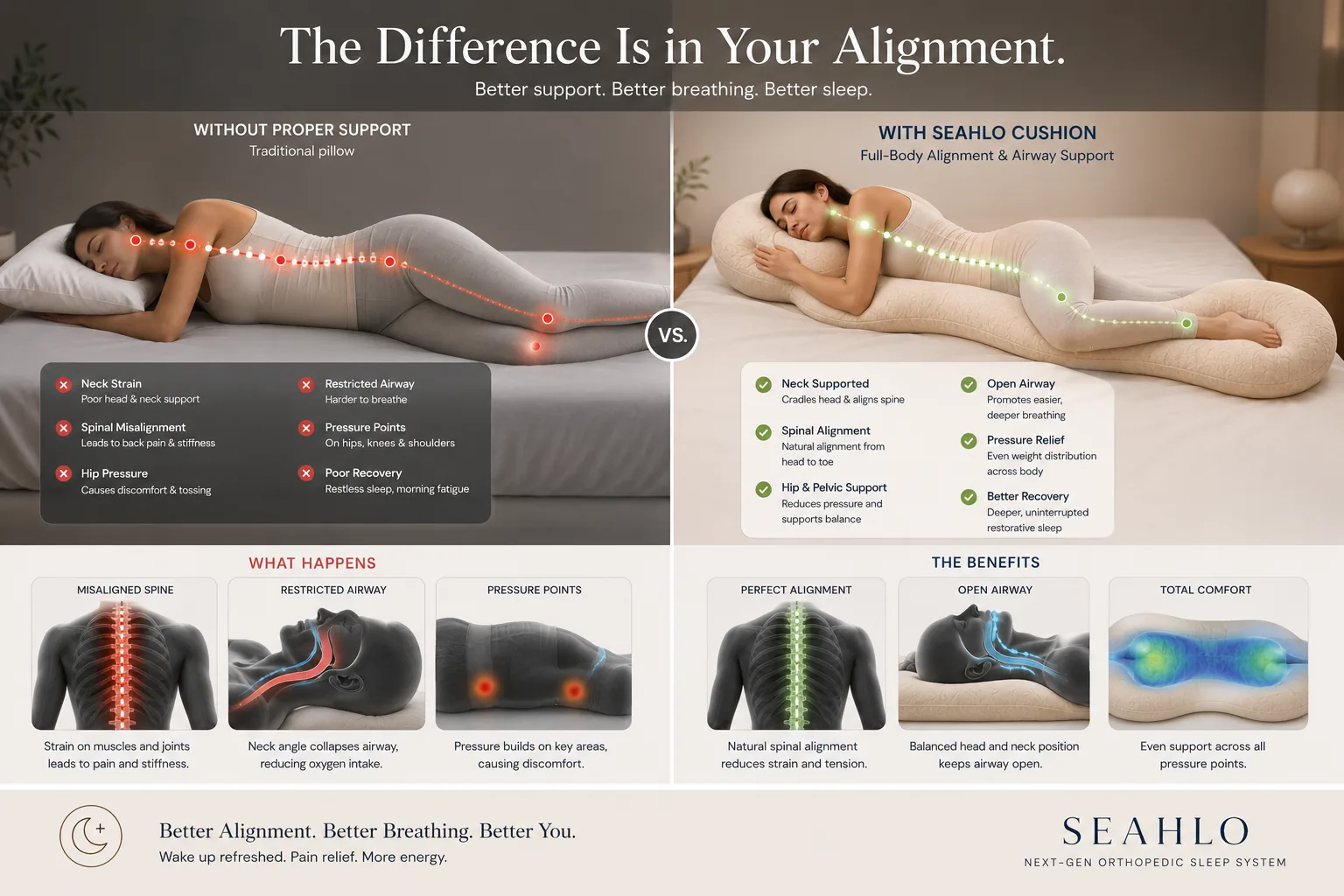 Side-by-side comparison: traditional pillow vs Seahlo cushion alignment