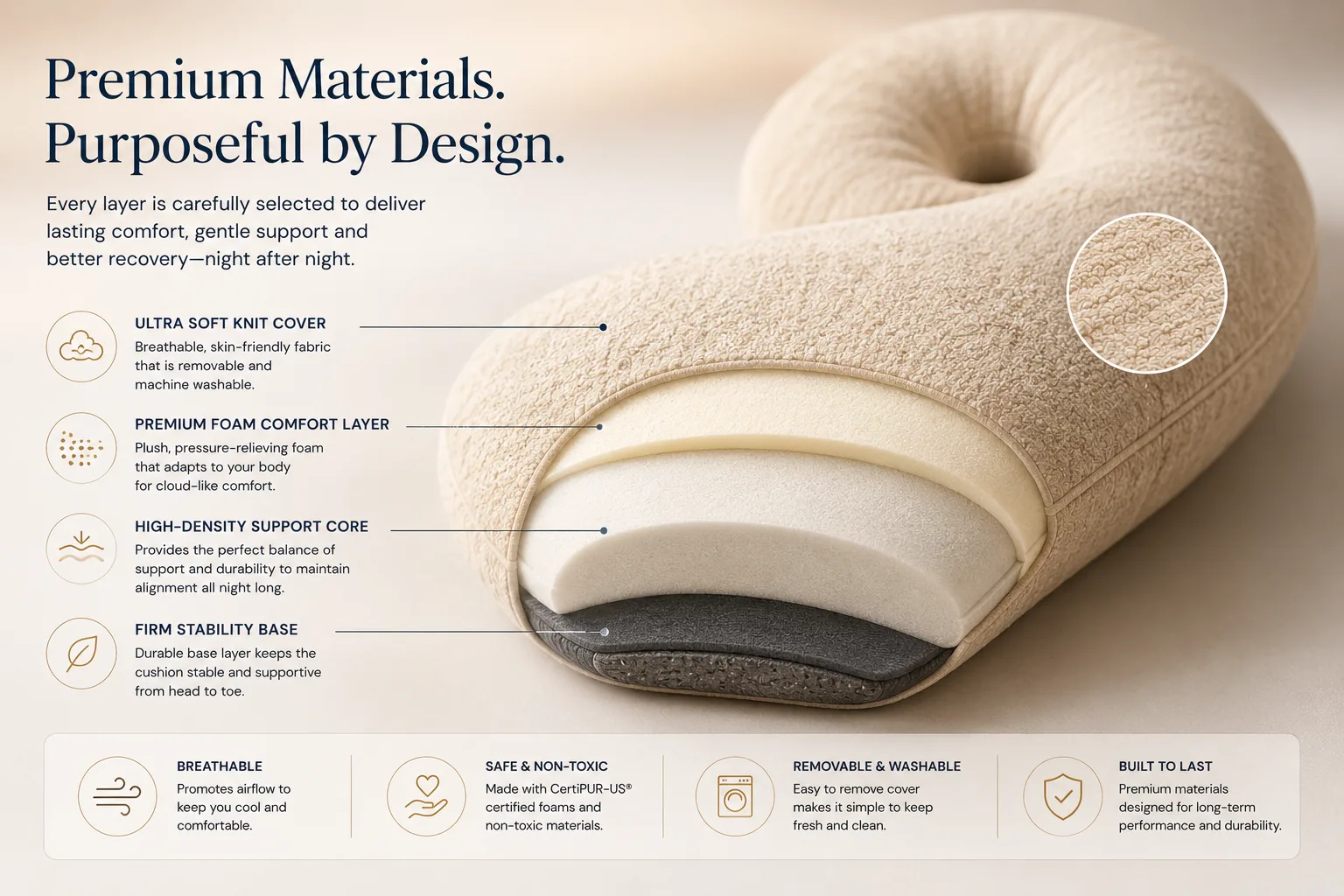 Cutaway showing the four-layer material architecture of the Seahlo cushion
