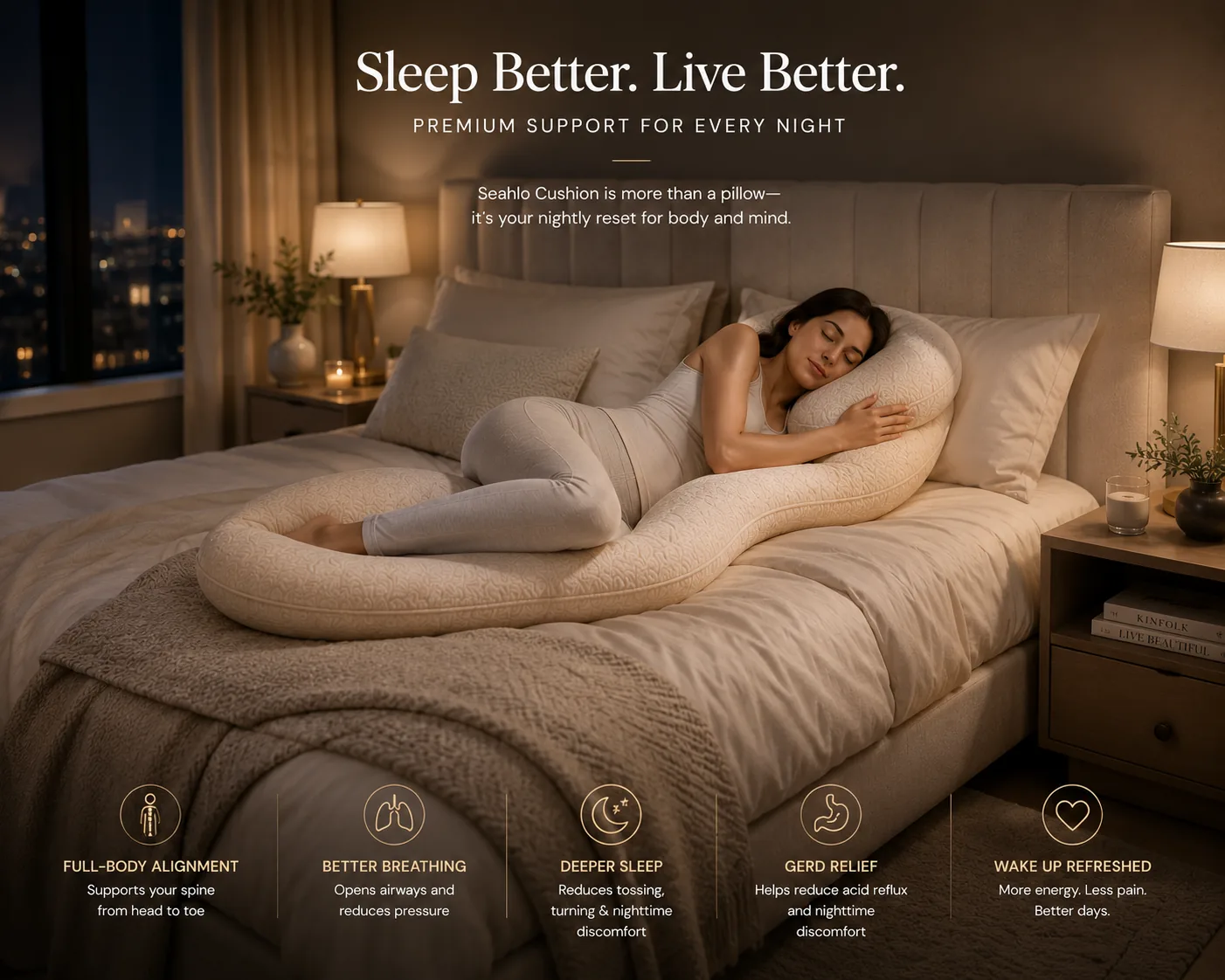 Premium bedroom scene showing the Seahlo cushion in use